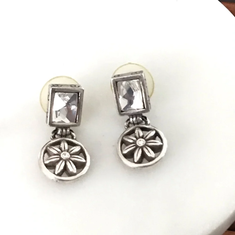 Brighton Silver Floral & Crystal Drop Post Earrings